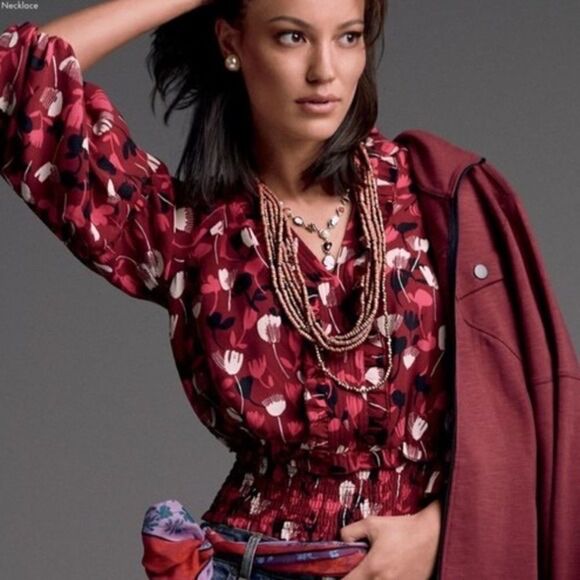 CAbi Corsage Burgundy Floral Blouse Ruffle Front Flowy Chiffon Top - Picture 1 of 12